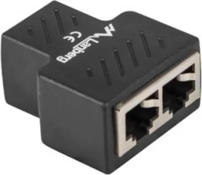 A black network adapter with two RJ45 ports.