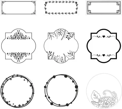 Produktbild von Etiketten für kreative Designs – 36 selbstklebende Etiketten – 9 verschiedene Designs – Sprachanpassungsfrei – Wasserfest – Etikettenbreite: 5 cm