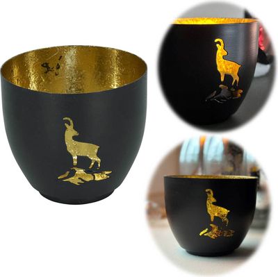 LS-LebenStil XL Metall Teelichthalter 10x9cm Steinbock Schwarz Gold Kerzenhalter Votivkerzenhalter Windlicht Teelichtständer Teelichter Votivkerzen