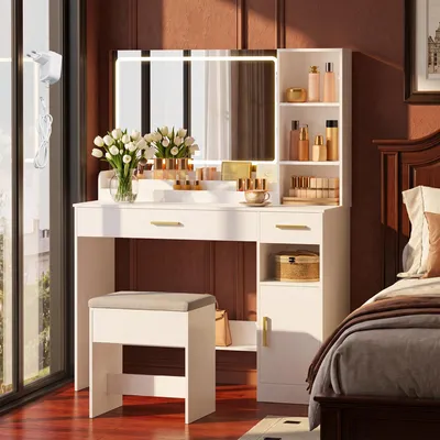 Produktbild von Fobyfurny 108cm Schminktisch mit Hocker, Großem Spiegel, Weiß | Frisiertisch mit 2 Schubladen, 4 Offenen Fächern und Schrank, für Schlafzimmer