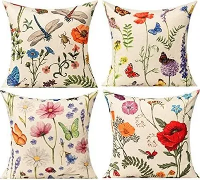 Produktbild von Kissenbezug 4 Stück 45*45cm Blume Schmetterling Libelle Leinen Dekorative Kissenhülle Zierkissenbezüge für Sofa Schlafzimmer Wohnzimmer Auto Zuhause Dekoration