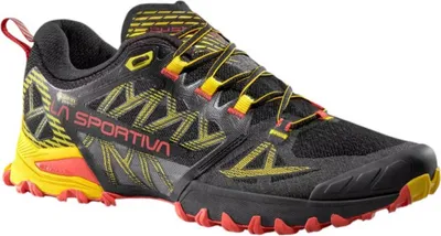A single black, yellow, and red La Sportiva trail running shoe is shown against a white background.