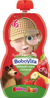 Zdjęcie produktu dla Bobovita mus truskawkowo-wiśniowy z bananem po 6 miesiącach 100 G