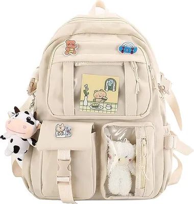 Image de Sac à dos esthétique Sacs à dos japonais kawaii Cartable avec pendentif Petit sac à dos Fournitures scolaires, blanc