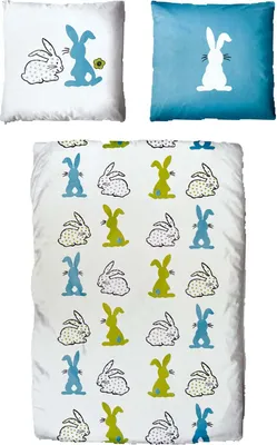 Produktbild von Baumwolle Satin Bettwäsche Hasen Ostern Grün Blau 135x200 80x80cm: 2 tlg.
