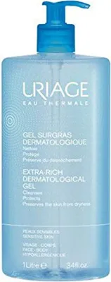 A clear, front-facing shot of a large bottle of Uriage Extra-Rich Dermatological Gel with a blue pump dispenser.