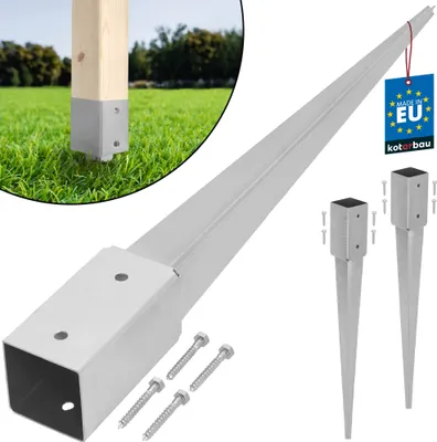 A product image showing ground post anchors and screws, with a close-up inset of one anchor in the ground next to a wooden post.