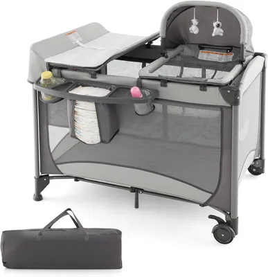 Produktbild von 5-in-1-Reisebett für Babys mit Matratze, 110 x 78 cm, als Beistellbett mit Wiege und Wickelauflage, Komplettset für Neugeborene und Babys bis 36 Monate (Grau)