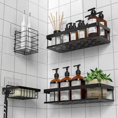 Immagine prodotto di Adesivo da bagno senza foratura, montaggio a parete, ripiani per doccia, bagno, cucina, contenitori, cassetti, nero, con portasapone e portaspazzolini