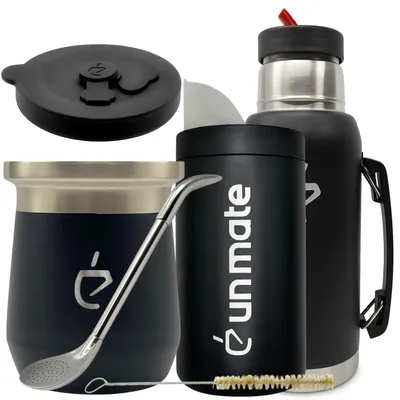 Immagine prodotto di Set completo yerba mate Un Mate Termolid DualFlow PRO Obsidian Black – tazza 230 ml, borraccia 1 L, bombilla e yerbera