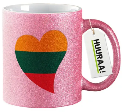 Produktbild von Huuraa Glitzertasse Litauen Flagge Herz 330ml Pink Keramik Kaffeebecher Geschenkidee