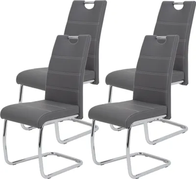 Produktbild von 4er Set Esszimmerstuhl Flora - Bezug Kunstleder Grau - Metallgestell verchromt - 120kg belastbar - Lehne mit Griff