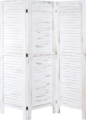 A white, three-panel folding screen with a distressed or shabby chic finish.