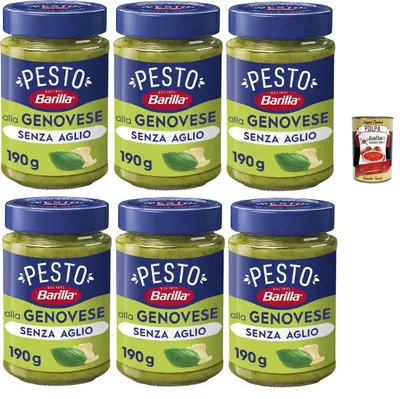 Produktbild von Barilla Pesto alla Genovese SENZA AGLIO 6×190 g – Basilikum-Pesto ohne Knoblauch, cremig & servierfertig, ideal zu Pasta/Bruschetta – Original Italien, Vorratspack + Italian Gourmet polpa