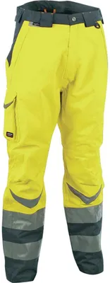 A pair of yellow work pants with gray accents and reflective strips.