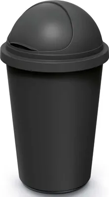 A black trash can with a domed lid and a flap opening.