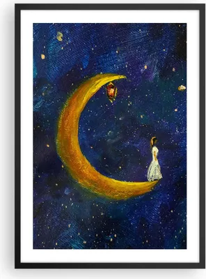 Produktbild von Gerahmtes Poster - Schwarzer Rahmen - Mädchen auf der Mond - 50x70 cm - Wand Bild - Wanddeko - Wandbilder - Kunstposter - Wandposter - Bilderrahmen - Bilder - Kunstdruck - P2BPA50x70-4575