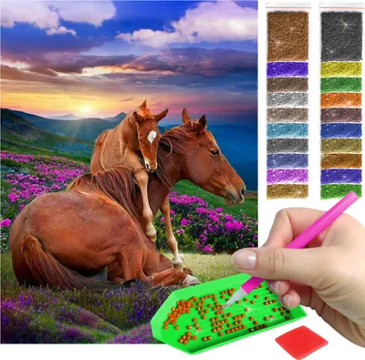 Zdjęcie produktu dla Haft diamentowy ARTULIO - Konie na górskiej łące - 40 x 30 cm - Kwadratowe diamenty - Diamond painting, Kompletny zestaw: mozaika + akcesoria