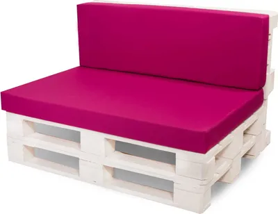 A pink cushioned sofa made from wooden pallets, shown against a white background.