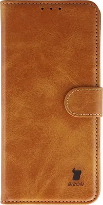 A brown leather flip case for a phone.