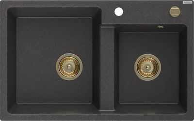 Produktbild von Mexen Tomas 2-Becken-Granit-Spülbecken 800 x 500 mm, Schwarz gesprenkelt, Siphon Gold - 6516802000-76-G