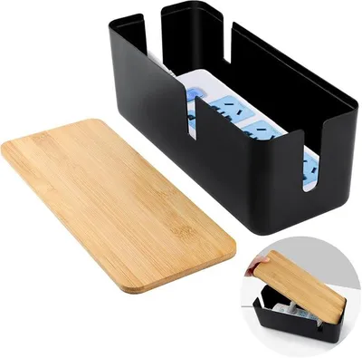 Produktbild von PolkaHome® Kabelbox mit Bambusdeckel, Kabelmanagement-Box, Kabelaufbewahrungsbox für Steckdosenleisten, Kabelorganisation, schwarz, 30,2