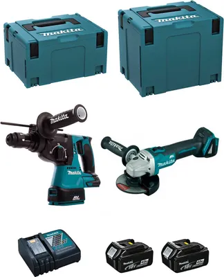 Produktbild von MAKITA Kit DLX2125MJ1 (DGA504 + DHR243 + 2 x 4,0 Ah + DC18RC + MAKPAC 3 + MAKPAC 4)