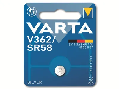 The image shows the packaging of a VARTA V362/SR58 silver button cell battery.