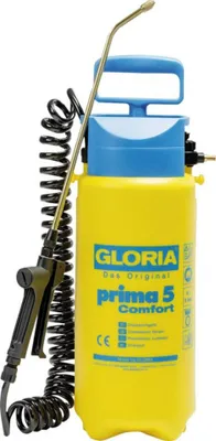 A yellow pressure sprayer with blue accents and a black hose and spray nozzle.