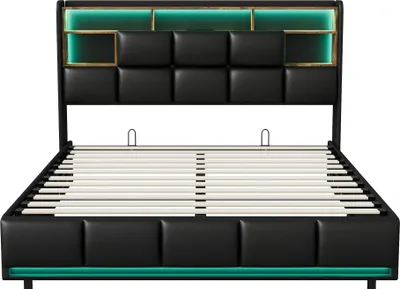 Obrázek produktu pro Čalouněná postel UnboxG 160x200 cm s funkcí nabíjení USB, manželská postel s úložným prostorem, dřevěná postel pro mládež s LED a lamelovým roštem, PU, černá