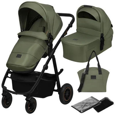 A product shot of a green stroller with its bassinet and accessories laid out.