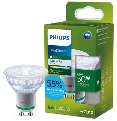 Produktbild von Philips Spot 50W PAR16 GU10, 2,1 W, 50 W, GU10, 375 lm, 50000 h, Kaltweiße