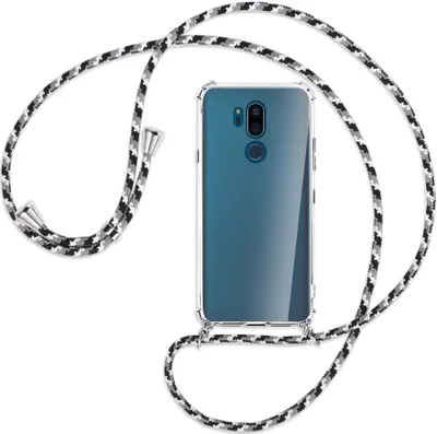 Produktbild von Handykette Backcover-Schutzhülle mit Band (Metall silberfarben) für LG G7 ThinQ, LG G7+ (G710EM) - schwarz/grau/weiß