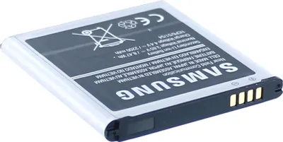 A close-up, angled view of a Samsung mobile phone battery against a white background.