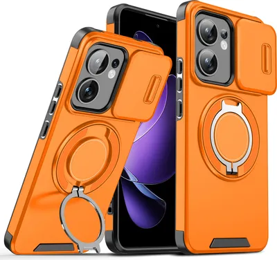 Immagine prodotto di Custodia a doppio strato per Oppo Reno13 F, con copertura scorrevole della fotocamera e supporto ad anello magnetico Arancione
