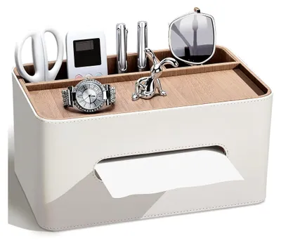 Produktbild von Taschentuchbox aus Kunstleder, rechteckig, mit Aufbewahrungs-Organizer und multifunktionalem Fernbedienungshalter, Schreibtisch-Organizer für Wohnzimmer, Schlafzimmer und Büro