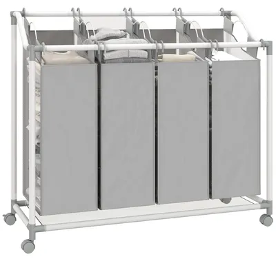 Produktbild von Wäschekorb - Wäschesortierer mit 4 Fächern - 160 l - Metall - Abnehmbarer Wäschesack - Rollen - Grau