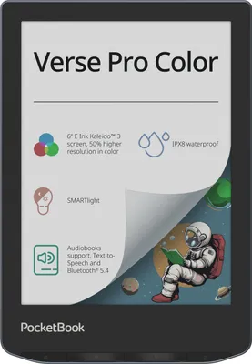 Obrázok produktu pre PocketBook Verse Pro Color, 15,2 cm (6"), E Ink Kaleido, 1072 x 1448 px, ACSM, AZW, AZW3, CBR, CBZ, CHM, DOC, DOCX, DjVu, EPUB, EPUB DRM, FB2, FB2.ZIP, HTM, HTML, MOBI,..., M4A, M4B, MP3, OGG, BMP, JPEG, PNG, TIFF