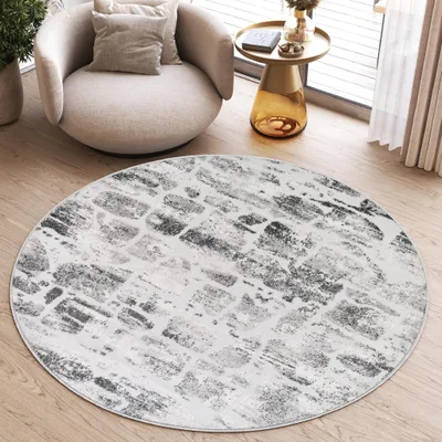 Image de Tapis SKY Rond Moderne Gris Blanc Beige Salon 80 x 80 cm