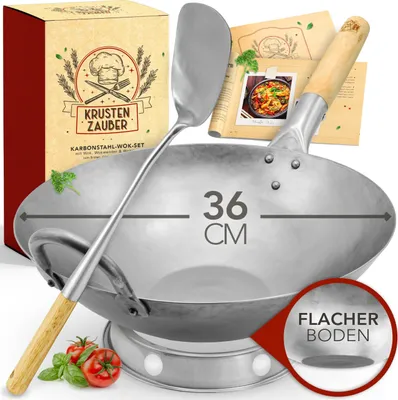 Produktbild von KRUSTENZAUBER 36cm Wokpfanne Induktion flacher Boden - Traditionelle Stahlwokpfanne mit Wokwender u. Wokring - Wok Pfanne, Wok Induktion, Woklette, Wok Zubehör, Carbon Steel Wok Kohlenstoffstahl