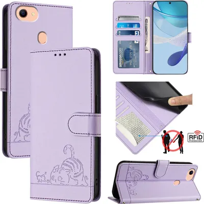 Produktbild von Leder Hülle für Oppo F17 Süße Katze Flip Case Brieftasche Schutzhülle mit Standfunktion Lila