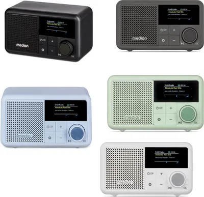 A collage of five different colored Medion radios.