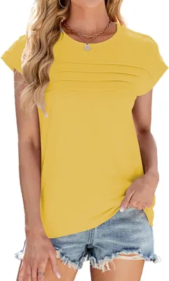 Image de ASKSA T-shirt femme col rond uni Hauts chemisiers manches courtes Basic Tops été Casual Lâches (Jaune,M)