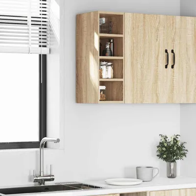 A kitchen scene with a wall-mounted cabinet and a sink.