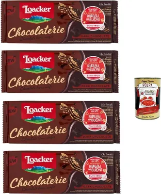 Produktbild von Loacker Chocolaterie Dark Chocolate 118gr Waffeln mit Zartbitterschokolade überzogen und mit Zartbitterschokoladencreme 4x 118gr + Italian Gourmet polpa 400gr