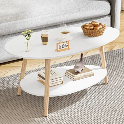Immagine prodotto di Tavolino ovale bianco, tavolino ausiliario per il soggiorno, design a due livelli