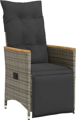 A single gray poly rattan garden chair with dark gray cushions, shown from a slightly angled front view.