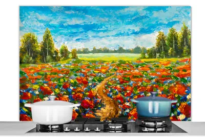 Obrázok produktu pre MuchoWow® Splashback Kuchyňa - Kuchynský backsplash - Ochrana steny pre sporák a drez Maľba - Olejomaľba - Kvety - Príroda 120x80cm Alu-Dibond
