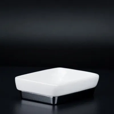 Produktbild von Sompex Interdesign Seifenschale Keramik Weiß/Chrom – Eckige Seifenablage Louie 12080