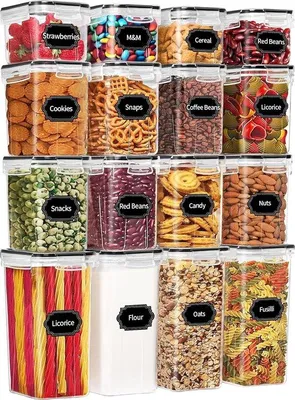 Immagine prodotto di Set di contenitori per alimenti Unyqoos®, 16 pezzi, ermetici e senza BPA – 4 contenitori da 2,0 litri / 8 contenitori da 1,4 litri / 4 contenitori da 0,8 litri, trasparenti, impilabili, inclusi 20 etichette riutilizzabili e un pennarello bianco